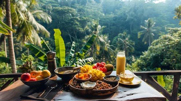 Un petit déjeuner tropical avec des fruits frais et du café surplombant une forêt luxuriante