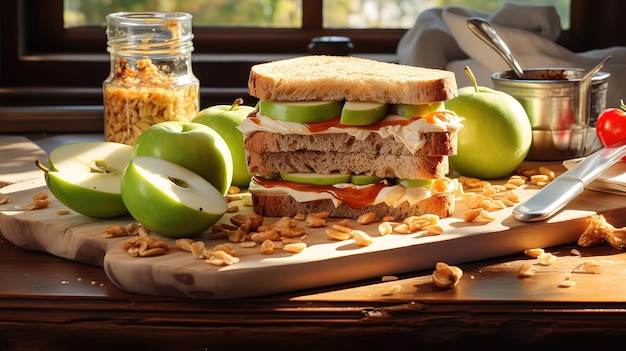 Un petit déjeuner utile sandwichs avec du beurre d'arachide pommes vertes sur une table en bois génératif Ai