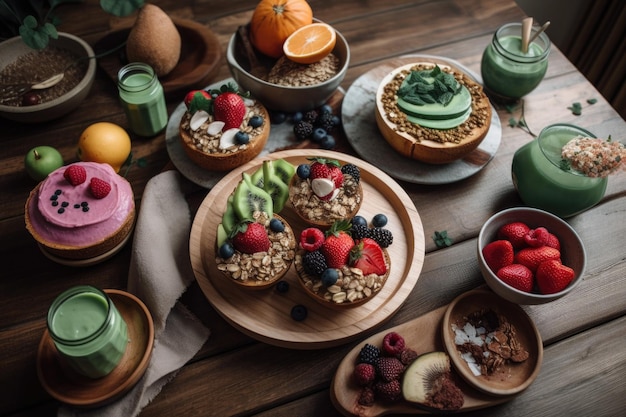 Photo petit-déjeuner végétalien et végétalien avec des bols de smoothie, des toasts et des fruits créés avec l'ia générative