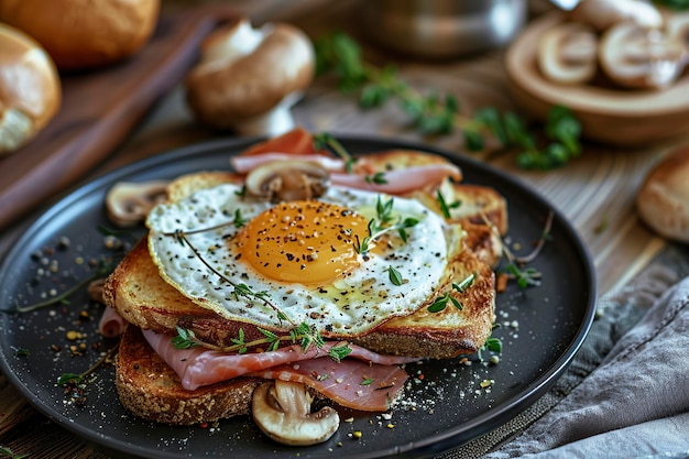 Photo un petit déjeuner végétarien avec des œufs, des champignons et des tomates.