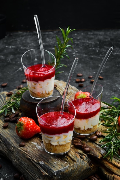 Petit dessert crème de fraises et noix dans des gobelets en plastique Vue de dessus Barre sucrée