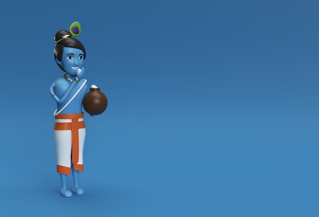 Petit dessin animé Krishna avec un pot de beurre. Illustration de rendu 3D.