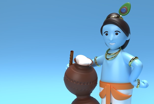 Petit dessin animé Krishna avec un pot de beurre. Illustration de rendu 3D.
