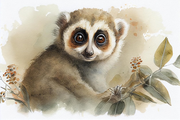 Petit dessin de loris lent avec un peu d'aquarelle ai générative