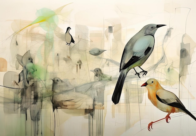 un petit dessin représentant des oiseaux et divers autres animaux dans le style du néoexpressionnisme numérique