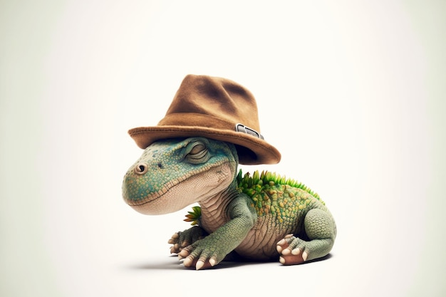 Petit dinosaure endormi mignon en chapeau sur fond blanc