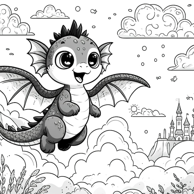 Un petit dragon s'élève au-dessus des nuages