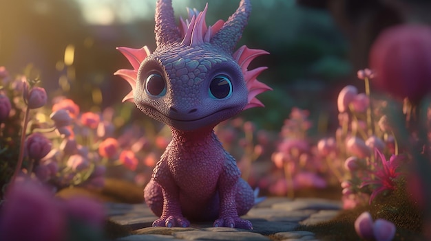 Un petit dragon à tête rose est assis sur une pierre devant un champ de fleurs.