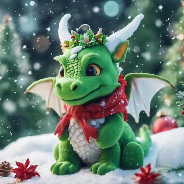 Petit dragon vert mignon sur la neige avec des fleurs et de la magie dans le style de Noël