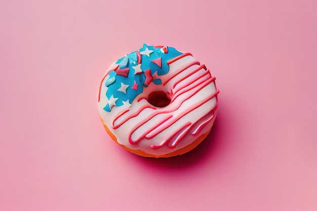 Petit drapeau américain coincé dans des beignets sur fond rose Generative Ai