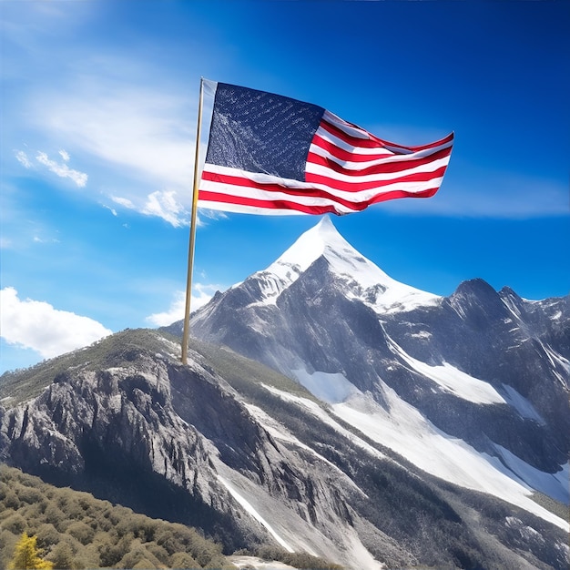 Un petit drapeau américain loin sur une haute montagne