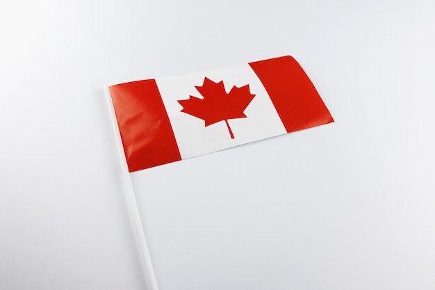 Petit drapeau du Canada sur un bâton en plastique allongé sur une surface blanche