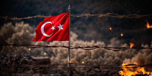 Petit drapeau de la Turquie sur un fond sombre brûlant