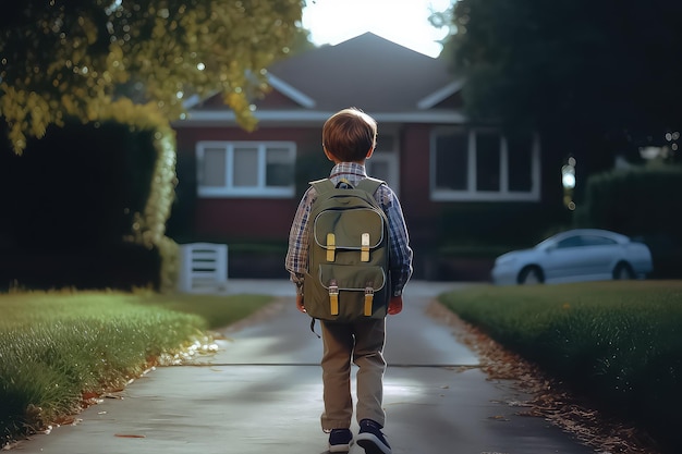 Photo un petit écolier avec un sac à dos va étudier par temps ensoleillé ai