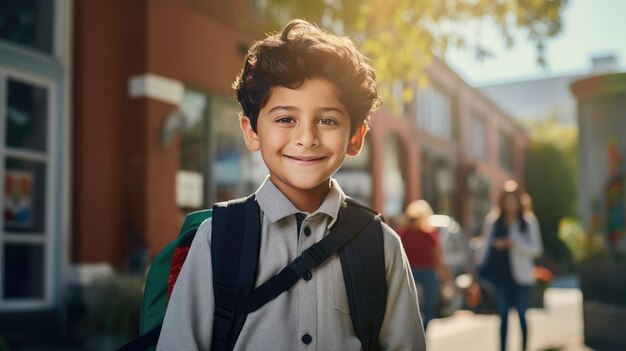 Un petit écolier se tient à l'extérieur de l'école avec un sac à dos sur le dos Retour à l'école Créé avec la technologie Generative AI