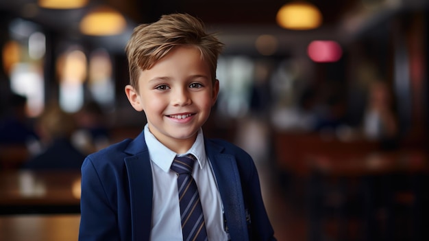 Petit écolier en uniforme se dresse dans le hall de l'école Retour à l'école Créé avec la technologie Generative AI