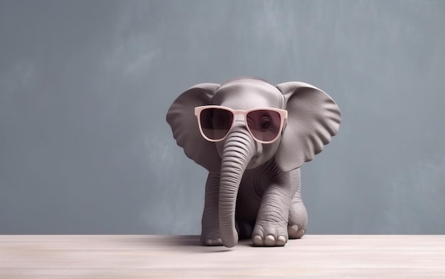 Un petit éléphant avec des lunettes de soleil sur la tête porte des lunettes de soleil roses.