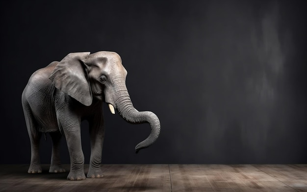 Un petit éléphant se tient devant un fond sombre.