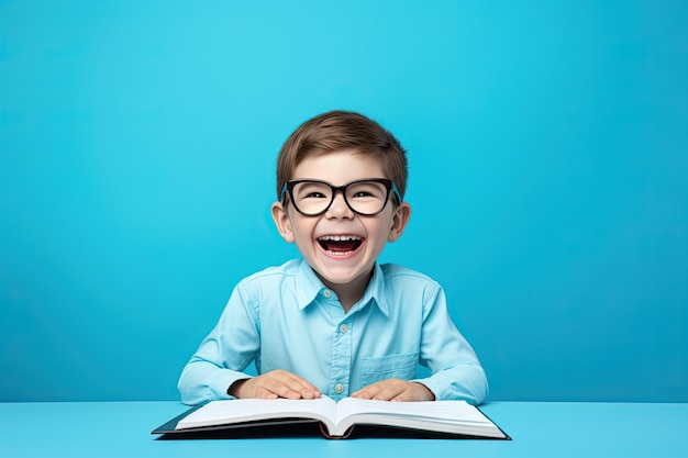 Petit élève heureux en lunettes tenant un livre et écrivant avec enthousiasme dans BacktoSchool