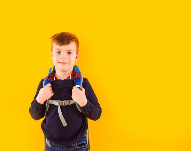 Le petit élève portant des vêtements de style se tient debout avec les bras croisés