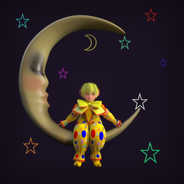 Un petit elfe clown assis sur la lune. illustration 3D