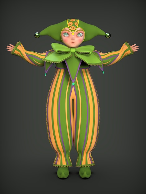 Petit elfe clown en costume jaune et vert. illustration 3D