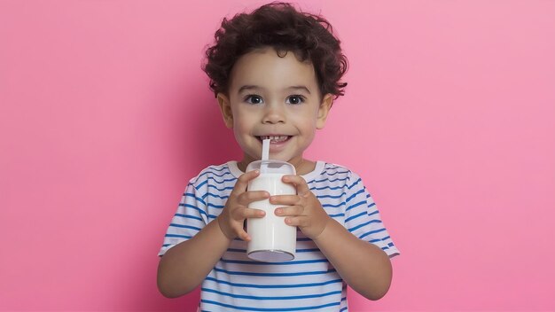 Petit enfant adorable buvant du lait blanc entier souriant sur le rose