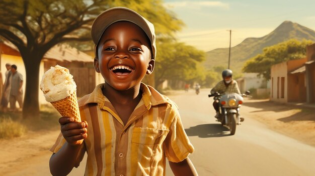 Photo petit enfant africain heureux mangeant de la crème glacée dans un village africain pauvre faim et problème de faim