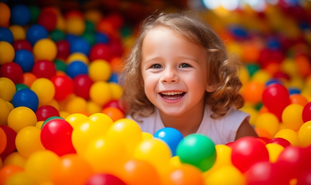 Petit enfant allongé sur des balles en plastique de couleur dans une piscine sèche dans une salle de jeu