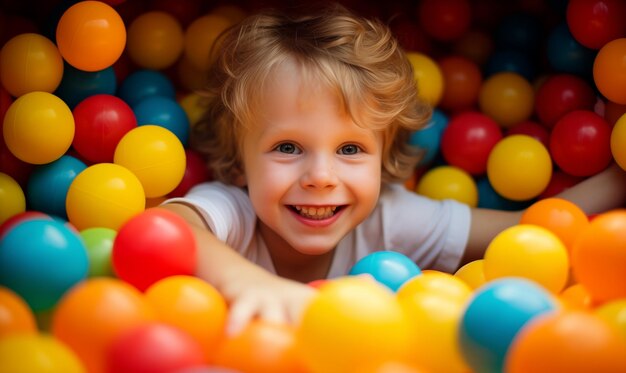 Petit enfant allongé sur des balles en plastique de couleur dans une piscine sèche dans une salle de jeu