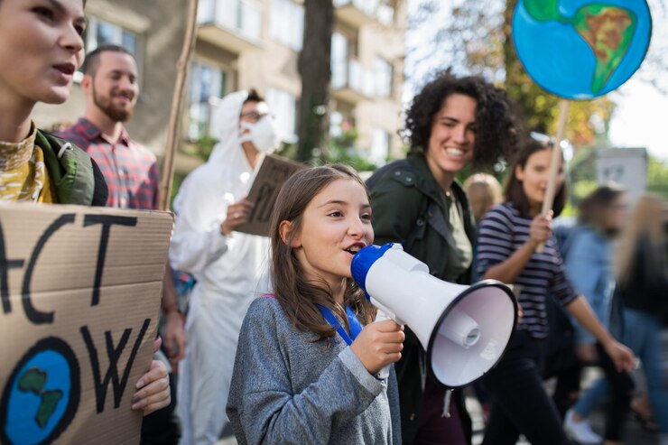 Photo petit enfant avec un amplificateur en grève mondiale pour le changement climatique