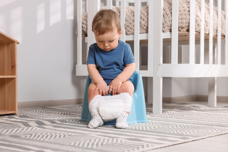 Photo petit enfant assis sur un pot de bébé en plastique à l'intérieur