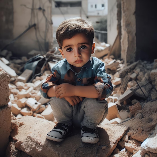 Un petit enfant assis sur les ruines de sa maison en Palestine.