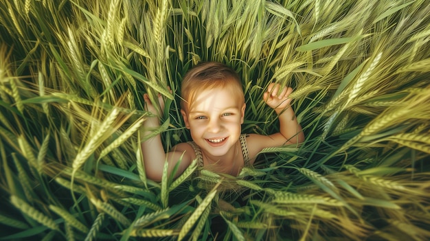 Photo un petit enfant caucasien joyeux dans un champ de blé joue de la joie et de la légèreté dans la nature.