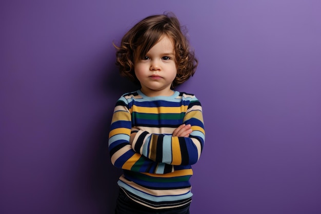 Petit enfant confiant et positif vêtu d'un pull à rayures, les bras au fond violet