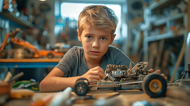 Un petit enfant construit une voiture jouet