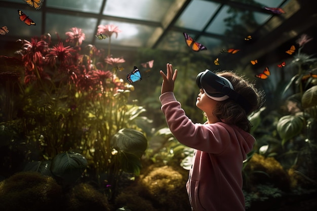 Photo petit enfant dans des lunettes vr explorant la nature virtuelle numérique avec des papillons