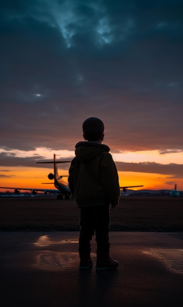 Petit enfant debout dans l'aéroport en regardant l'avion Silhouette d'un garçon regardant un avion au coucher du soleil Generative AI