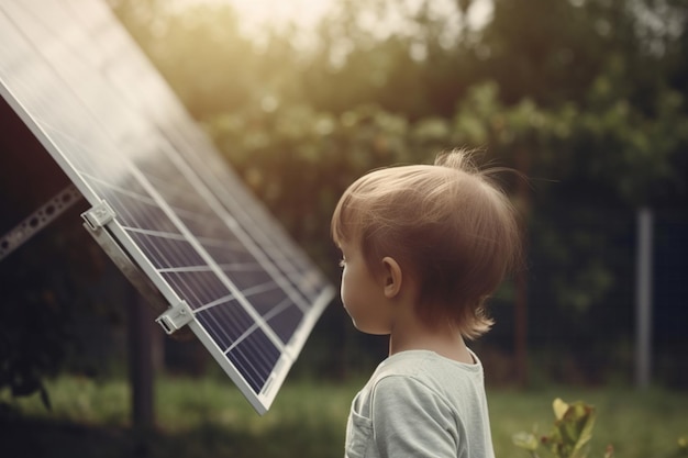 Petit enfant debout près d'un panneau solaire avec fond de bokeh vert et rayons de soleil