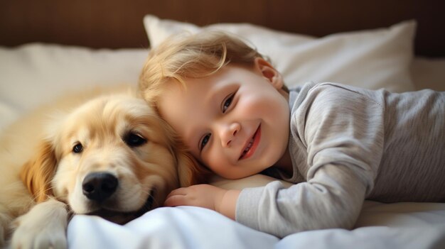 Un petit enfant est allongé sur un lit avec un chien Un chien et un mignon bébé Amitié d'enfance