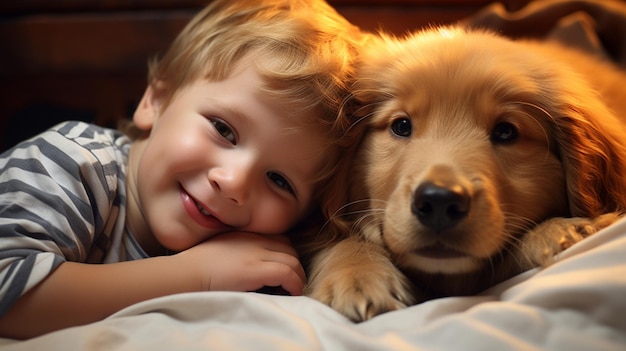 Un petit enfant est allongé sur un lit avec un chien Un chien et un mignon bébé Amitié d'enfance