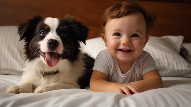 Photo un petit enfant est allongé sur un lit avec un chien un chien et un mignon bébé amitié d'enfance