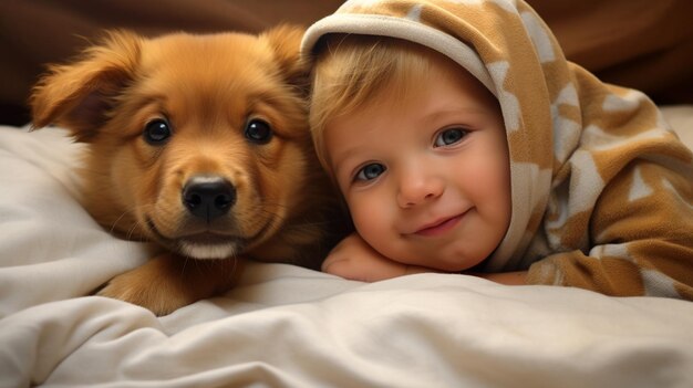 Un petit enfant est allongé sur un lit avec un chien Un chien et un mignon bébé Amitié d'enfance