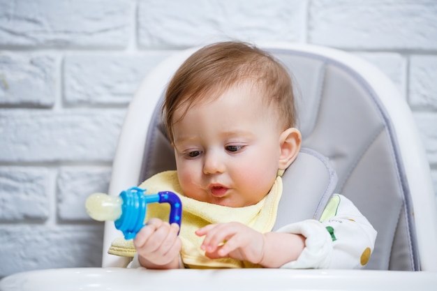 Un Petit Enfant Est Assis Sur Une Chaise Haute Et Mange Des Fruits à  Travers Le Filet. Grignoteuse Pour Nourrir Les Bébés