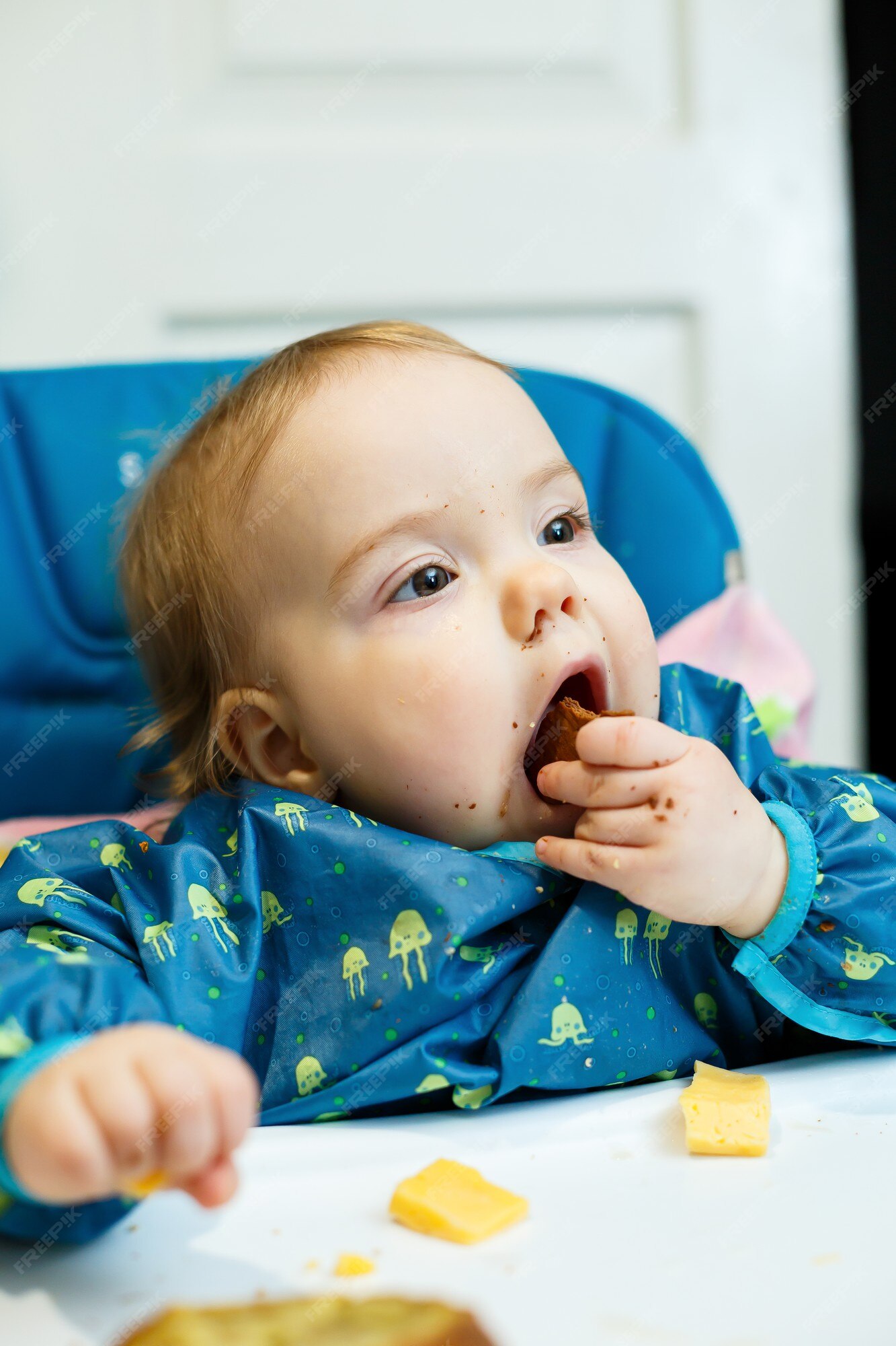 Un Petit Enfant Est Assis Sur Une Chaise Haute Et Mange Des Fruits à  Travers Le Filet. Grignoteuse Pour Nourrir Les Bébés