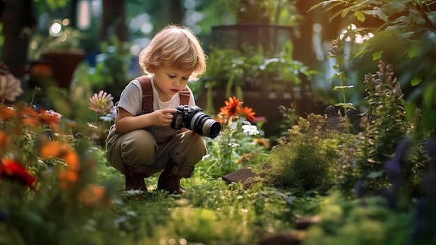 petit enfant explorant son jardin avec un appareil photo numérique
