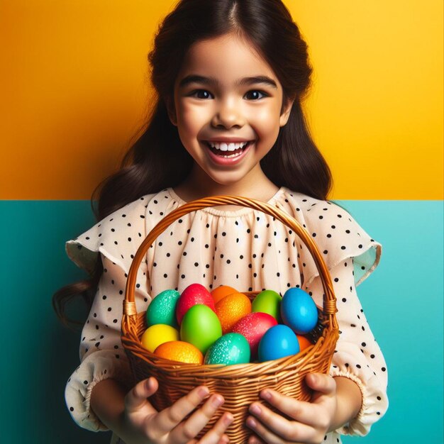 Petit enfant heureux tenant un panier avec des œufs de Pâques colorés sur un fond coloré