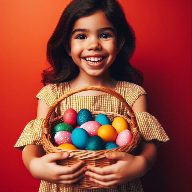 Petit enfant heureux tenant un panier avec des œufs de Pâques colorés sur un fond coloré