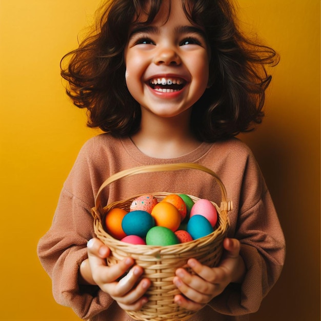 Petit enfant heureux tenant un panier avec des œufs de Pâques colorés sur un fond coloré