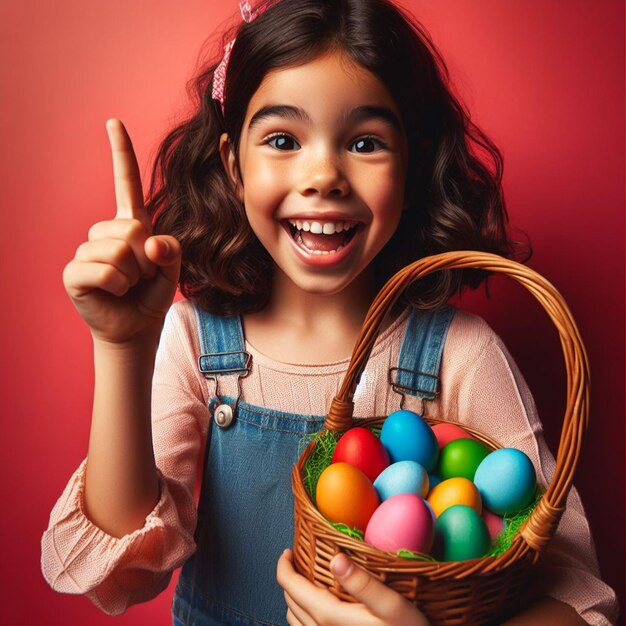 Petit enfant heureux tenant un panier avec des œufs de Pâques colorés sur un fond coloré